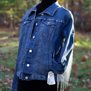 UPCYCLED Denim Jacket with Silver Rhinestone Fringe